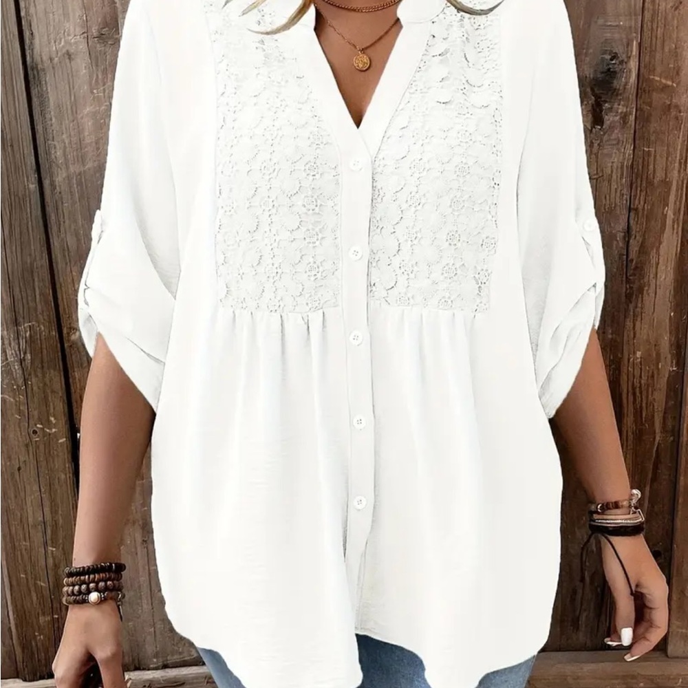 Chic White Button-Up Lace Blouse